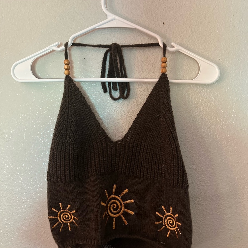 Brown Knit Halter Top with Sun Design